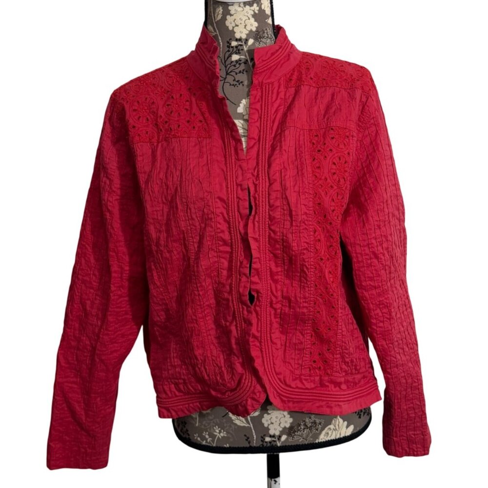 CHICOS Red Eyelet Patchwork Cotton Lightweight L/… - image 1